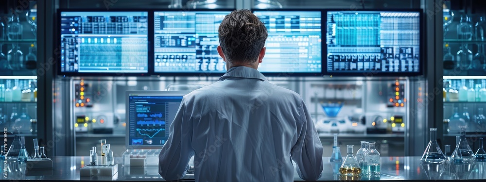 Poster chemist monitoring the synthesis process on a computer connected to a reaction vessel. hyperdetailed