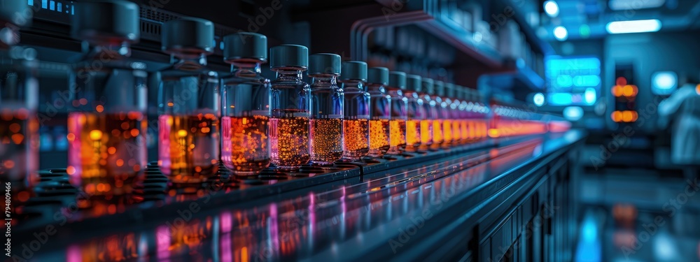 Poster clinical samples being prepared for analysis with a background of lab monitors displaying data. hype