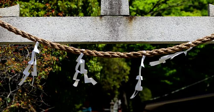 鳥居に張られたしめ縄と風に揺れる紙垂
