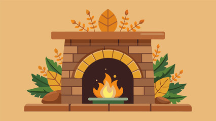 A cozy fireplace surrounded by natural stone and a mantle adorned with organic decorations creating a warm and inviting ambiance. - obrazy, fototapety, plakaty