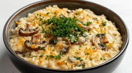 Gourmet top shot of Mozzarella and Mushroom Risotto, richly topped with cheeses and mushrooms, clean isolated backdrop, studio lit