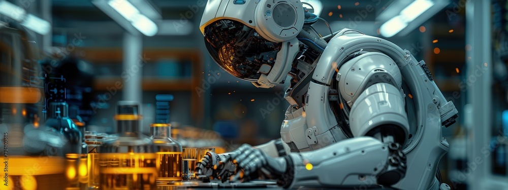 Poster engineer working with a sophisticated robotic arm for handling toxic substances in a lab. hyperdetai