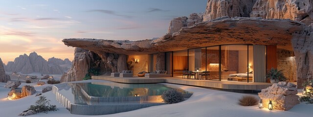 Eco-friendly desert lodge built into sand dunes, blending with the environment. Hyperdetailed. Photorealistic. HD. super detailed - obrazy, fototapety, plakaty