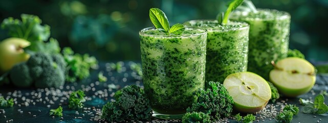 Green detox smoothie, kale and apple, in a tall glass. Hyperdetailed. Photorealistic. HD. super detailed