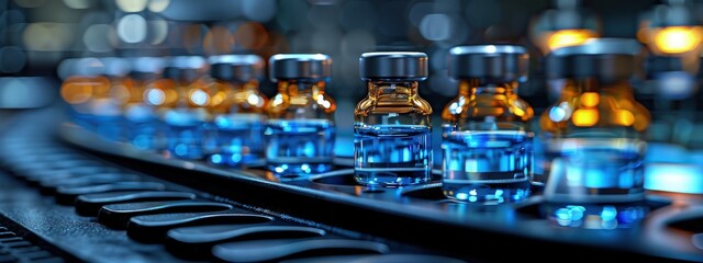 Glass vials lined up on a tray ready for sample analysis in a medical laboratory. Hyperdetailed. Photorealistic. HD. super detailed