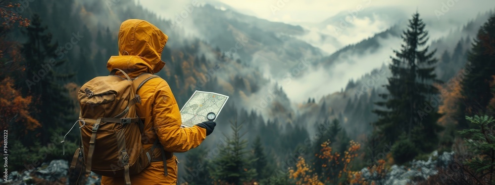 Poster hiker using a compass and map to navigate through a dense, foggy mountain forest. hyperdetailed. pho