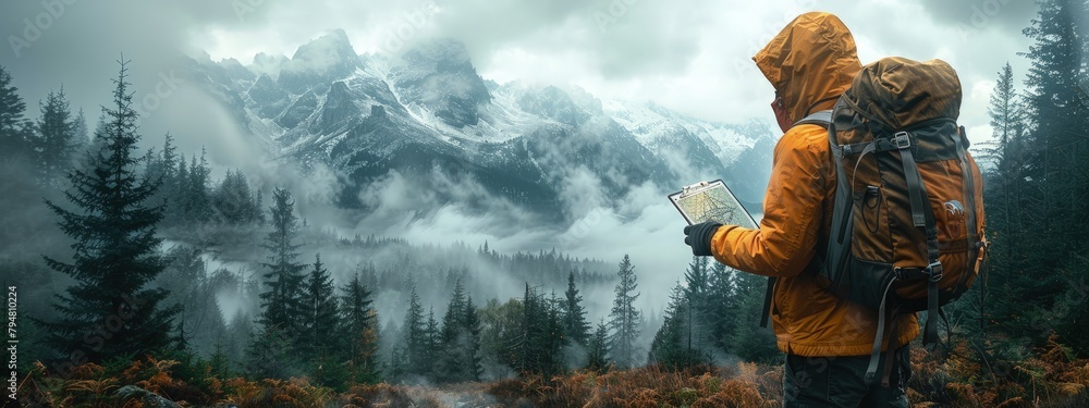 Aufkleber hiker using a compass and map to navigate through a dense, foggy mountain forest. hyperdetailed. pho