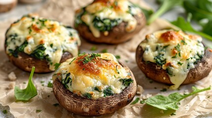 Gourmet shot of cheesy spinach and mozzarella stuffed mushrooms, high detail, studio-lit on a plain background, raw image style