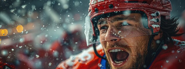 Ice hockey player celebrating goal, gloves off, ecstatic teammates. Hyperdetailed. Photorealistic. HD. super detailed - obrazy, fototapety, plakaty