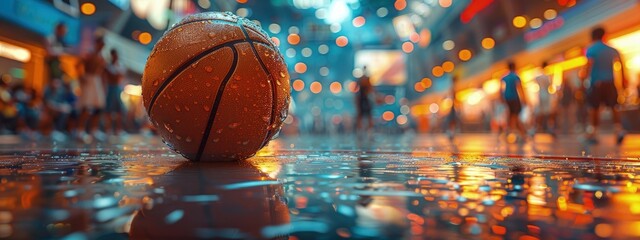Indoor basketball arcade game, friends competing, casual fun. Hyperdetailed. Photorealistic. HD. super detailed