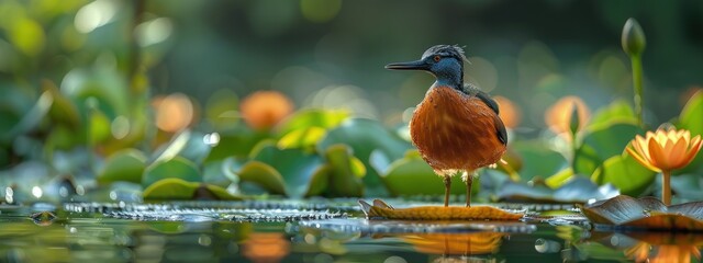 Jacana walking on lily pads, unique feet, water surface. Hyperdetailed. Photorealistic. HD. super detailed - obrazy, fototapety, plakaty
