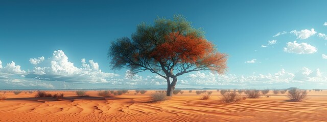 Lone tree standing resilient among desert sand dunes, symbol of life's persistence. Hyperdetailed. Photorealistic. HD. super detailed