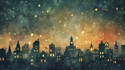 Retro cityscape under a dreamy star-filled sky, blending modern silhouettes with old-world charm