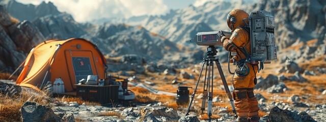 Machine learning analyzing geological data, rugged outdoor setup, high-tech devices. Hyperdetailed. Photorealistic. HD. super detailed - obrazy, fototapety, plakaty