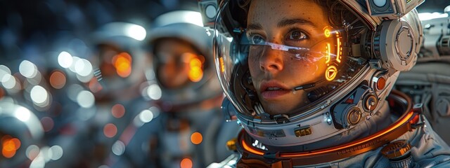 Fototapeta premium Machine learning in space tech, astronauts training with AI, sci-fi setting. Hyperdetailed. Photorealistic. HD. super detailed