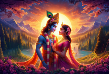 Divine love story of Hindu gods Radha and Krishna, Radha Krishna Painting with colorful background, Painting For Home Decoration © divinearts