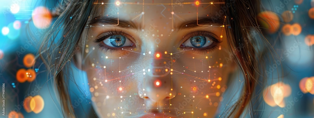 Poster neural network facial recognition software demo, public, interactive display. hyperdetailed. photore