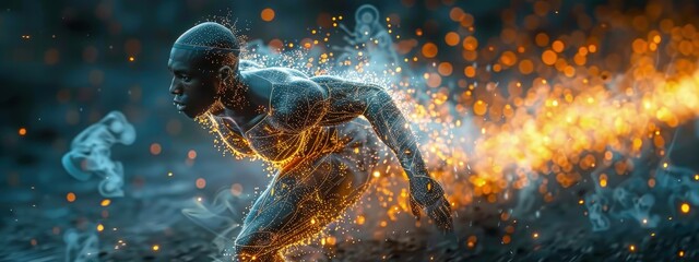 Neural network analyzing sports performance, athlete wearing sensors, tech-lab. Hyperdetailed. Photorealistic. HD. super detailed
