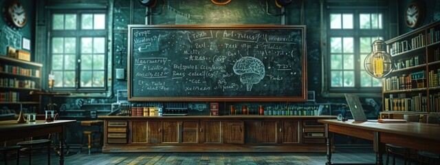 Neural network solving complex math problems, academic setting, chalkboard equations. Hyperdetailed. Photorealistic. HD. super detailed - obrazy, fototapety, plakaty