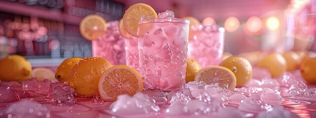 Pink lemonade, fresh and tart, in a pitcher with slices of lemon. Hyperdetailed. Photorealistic. HD. super detailed