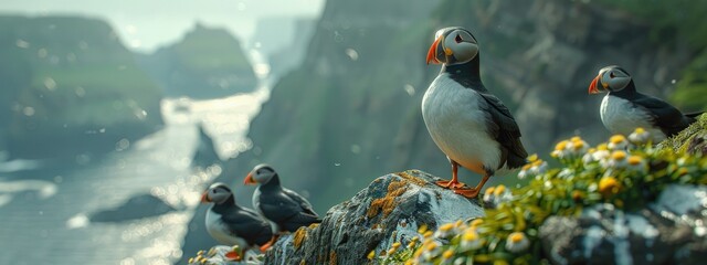 Puffins on a rocky cliff face, social, breezy coastal scene. Hyperdetailed. Photorealistic. HD. super detailed