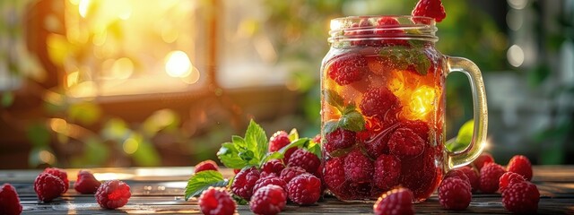 Raspberry iced tea, with fresh raspberries, in a mason jar. Hyperdetailed. Photorealistic. HD. super detailed - obrazy, fototapety, plakaty