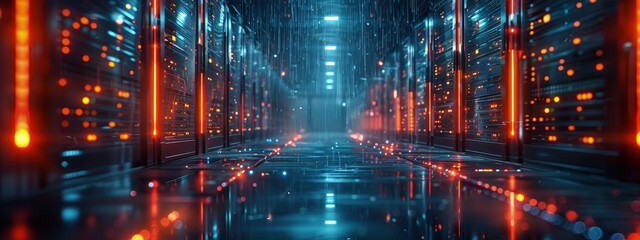 Fototapeta premium Real-time data processing in an active server room. Hyperdetailed. Photorealistic. HD. super detailed