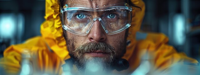 Scientist wearing safety goggles and gloves handling hazardous chemicals in a fume hood. Hyperdetailed. Photorealistic. HD. super detailed