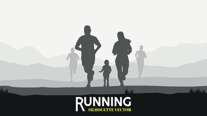 Running silhouettes. Vector illustration, Trail Running, Marathon runner.	
