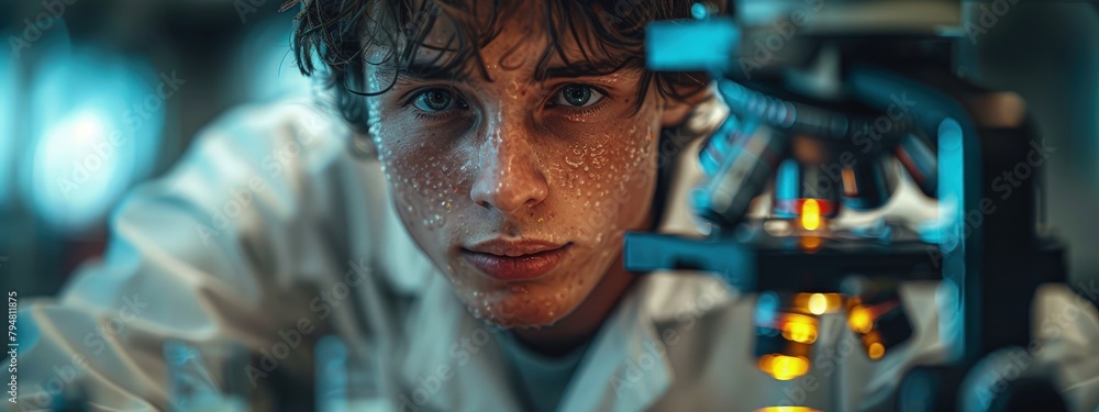 Poster student examining a specimen slide under an electron microscope in a university lab. hyperdetailed. 
