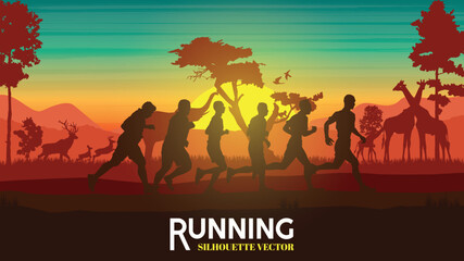 Running silhouettes. Vector illustration, Trail Running, Marathon runner.	
