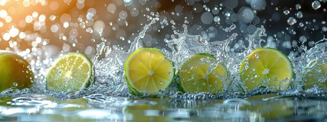 Sparkling water with a twist of lime, minimalist and refreshing. Hyperdetailed. Photorealistic. HD. super detailed - obrazy, fototapety, plakaty