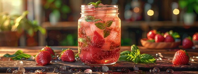 Strawberry basil soda, homemade and fizzy, in a mason jar. Hyperdetailed. Photorealistic. HD. super detailed - obrazy, fototapety, plakaty
