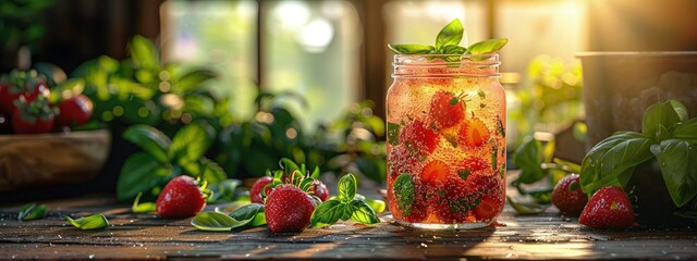Strawberry basil soda, homemade and fizzy, in a mason jar. Hyperdetailed. Photorealistic. HD. super detailed - obrazy, fototapety, plakaty