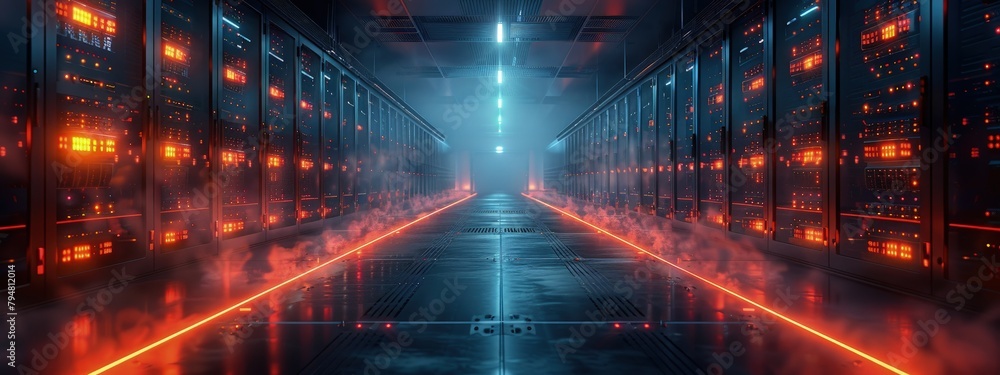 Poster virtual server environment in a controlled data center. hyperdetailed. photorealistic. hd. super det