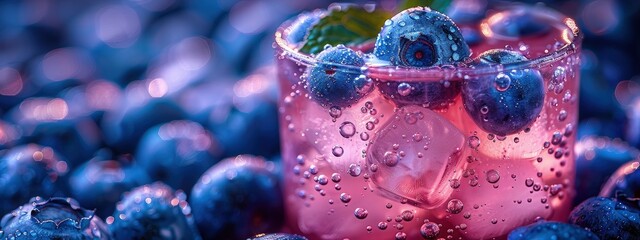 Vibrant blueberry lemonade, fresh blueberries floating, clear glass. Hyperdetailed. Photorealistic. HD. super detailed - obrazy, fototapety, plakaty