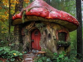 An elf's mushroom house in the woods. Fantasy garden. Fairytale.