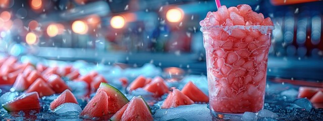 Watermelon slush, icy and sweet, in a frosty glass. Hyperdetailed. Photorealistic. HD. super detailed