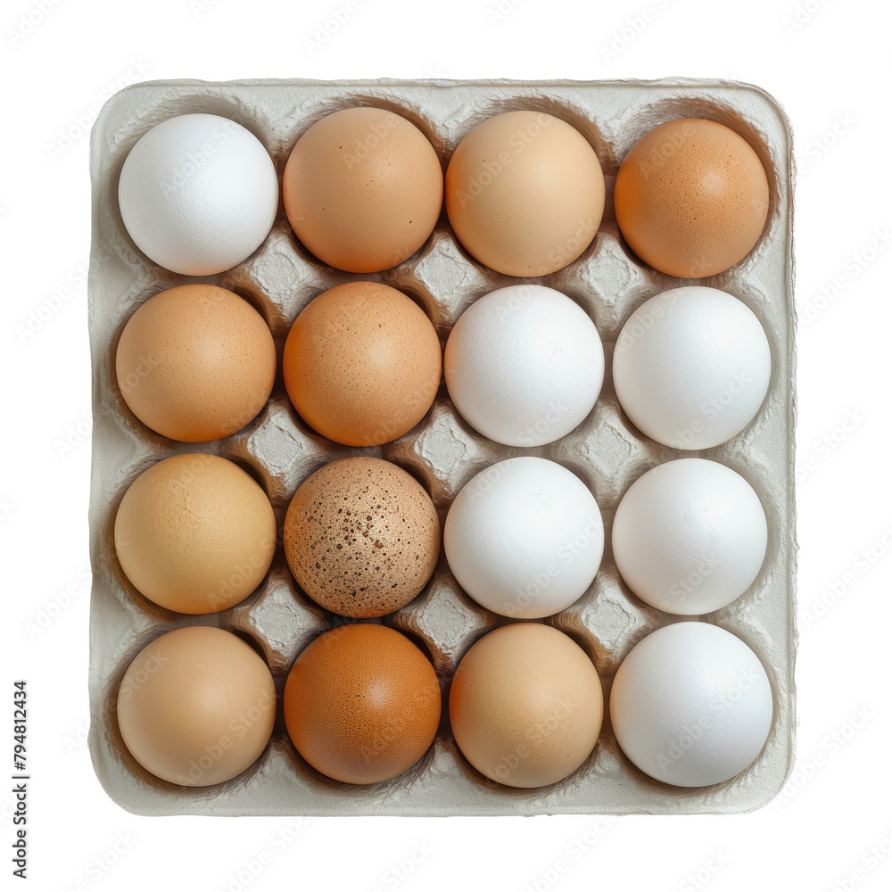 Poster a tray of eggs in both white and dark varieties set against a clean transparent background with a is
