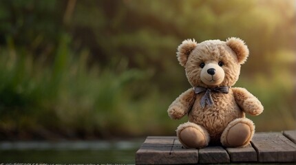 A cute teddy bear sits in nature background