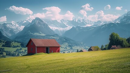 A serene Swiss countryside vista showcasing a quaint red rural home against a backdrop of majestic mountains