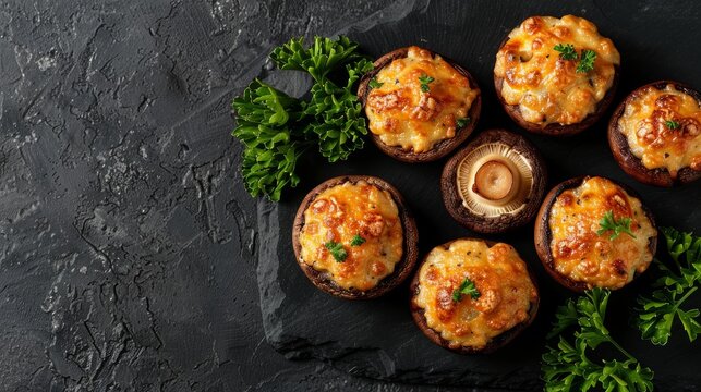 Detailed top view of cheesy stuffed mushrooms with a crisp, isolated background, highlighted by professional studio lighting