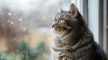 Cute tabby American Shorthair cat with gray and brown stripes looking at the window outside on a rainy day created with Generative AI Technology