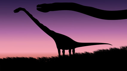 Titanosaurus in a field, flat color illustration © OMIA