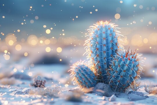 Glowing Cactus in Dreamlike Desert Landscape