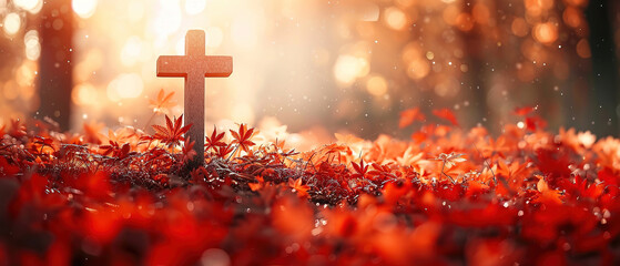 Ascension day concept. The cross on meadow autumn background