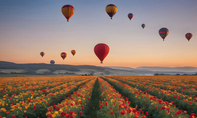 Hot air balloons soar above flowerfilled field in picturesque ecoregion Sky