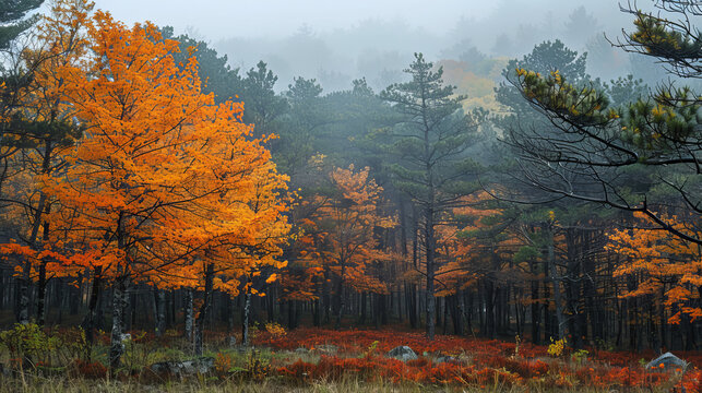 Misty autumn forest with fiery orange foliage, evoking a quiet and mystical mood.	
