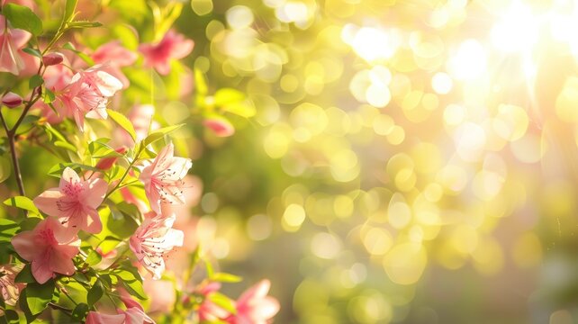Pink flowers with blurred background of sunlit foliage