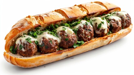 Delicious top-down shot of meatball subs with mozzarella, garlic beef, Italian herbs, in a toasted roll, studio setting, isolated
